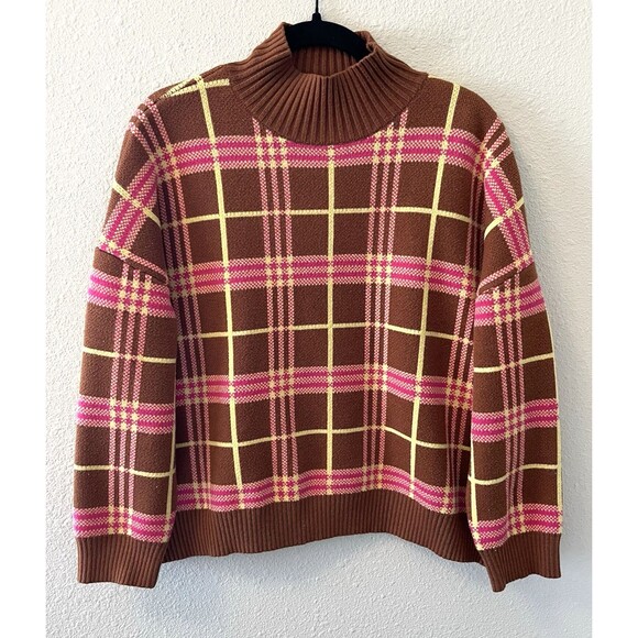 Lisa Says Gah Sweater Size XS/SM Brown Plaid Turtleneck Boxy Retro 70's Twee - Picture 1 of 11